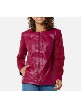 Colleen Lopez Faux Leather Beaded Jacket Beet / Magenta - Size XS